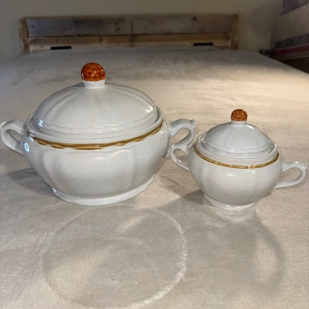Americana Hearthside Berries n Cream Vintage Stoneware Sugar Bowl Casserole Set